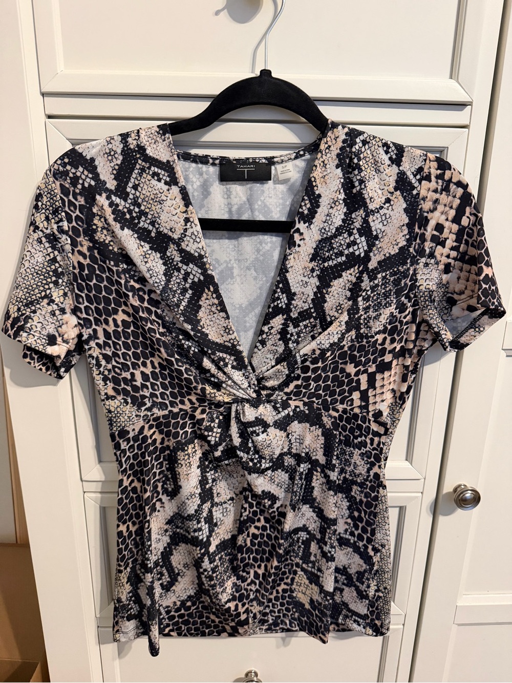 Tahari Black and Cream Snake-Print V-Neck Blouse